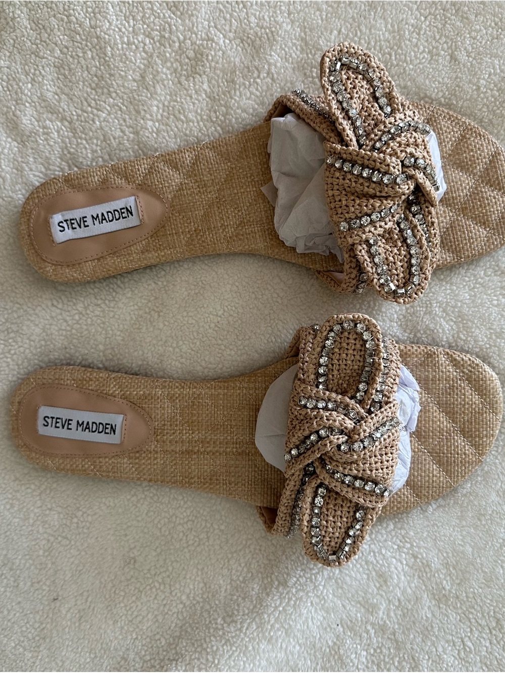 Steve Madden Natural Raffia Slide Sandals with Crystal Bow - Picture 10 of 10